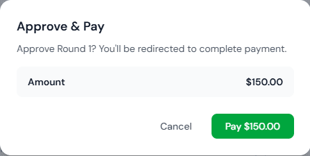 Approve and Pay dialog showing project amount with payment button