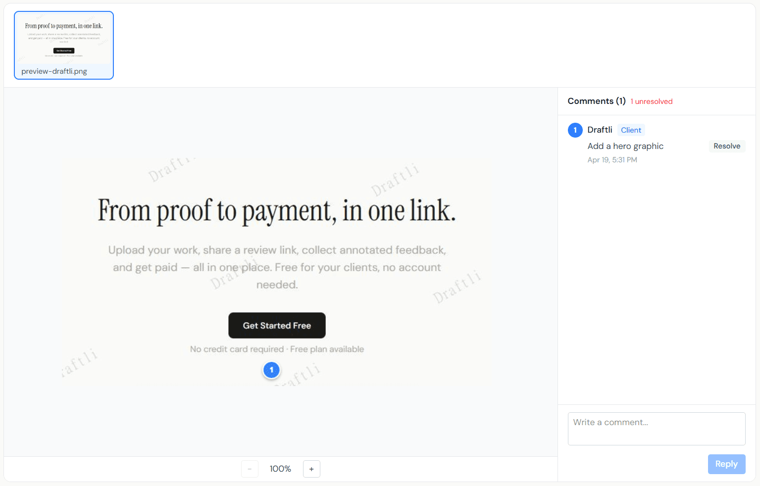 Draftli project page showing client review with annotations and comments