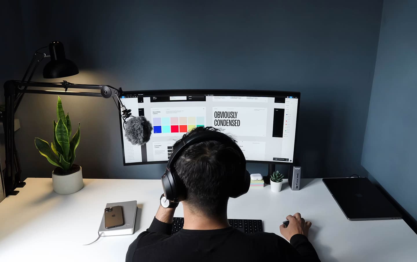 Clean modern creative desk with dual monitors and a plant