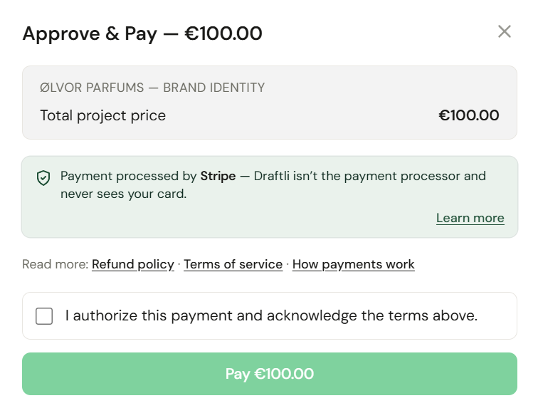 Approve and Pay dialog showing project amount with payment button