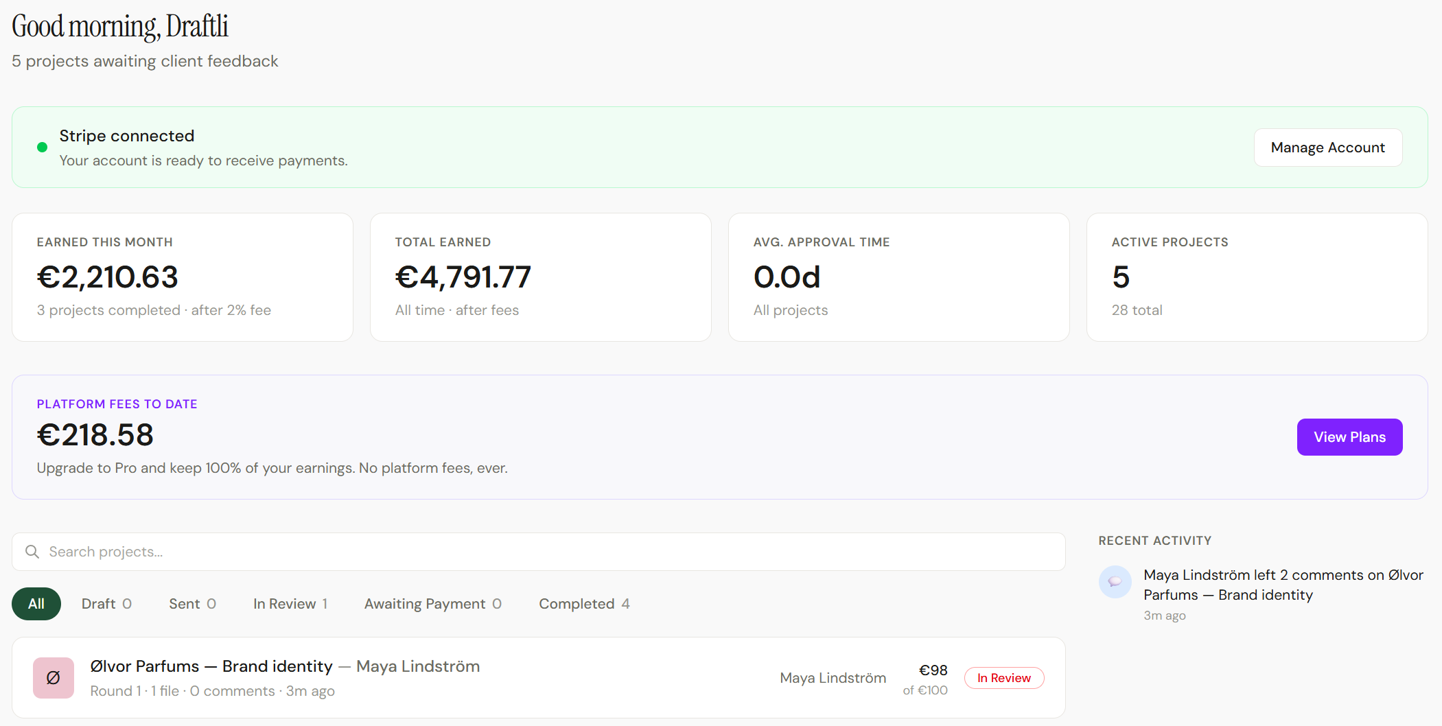 Creator dashboard showing earned revenue and completed payment