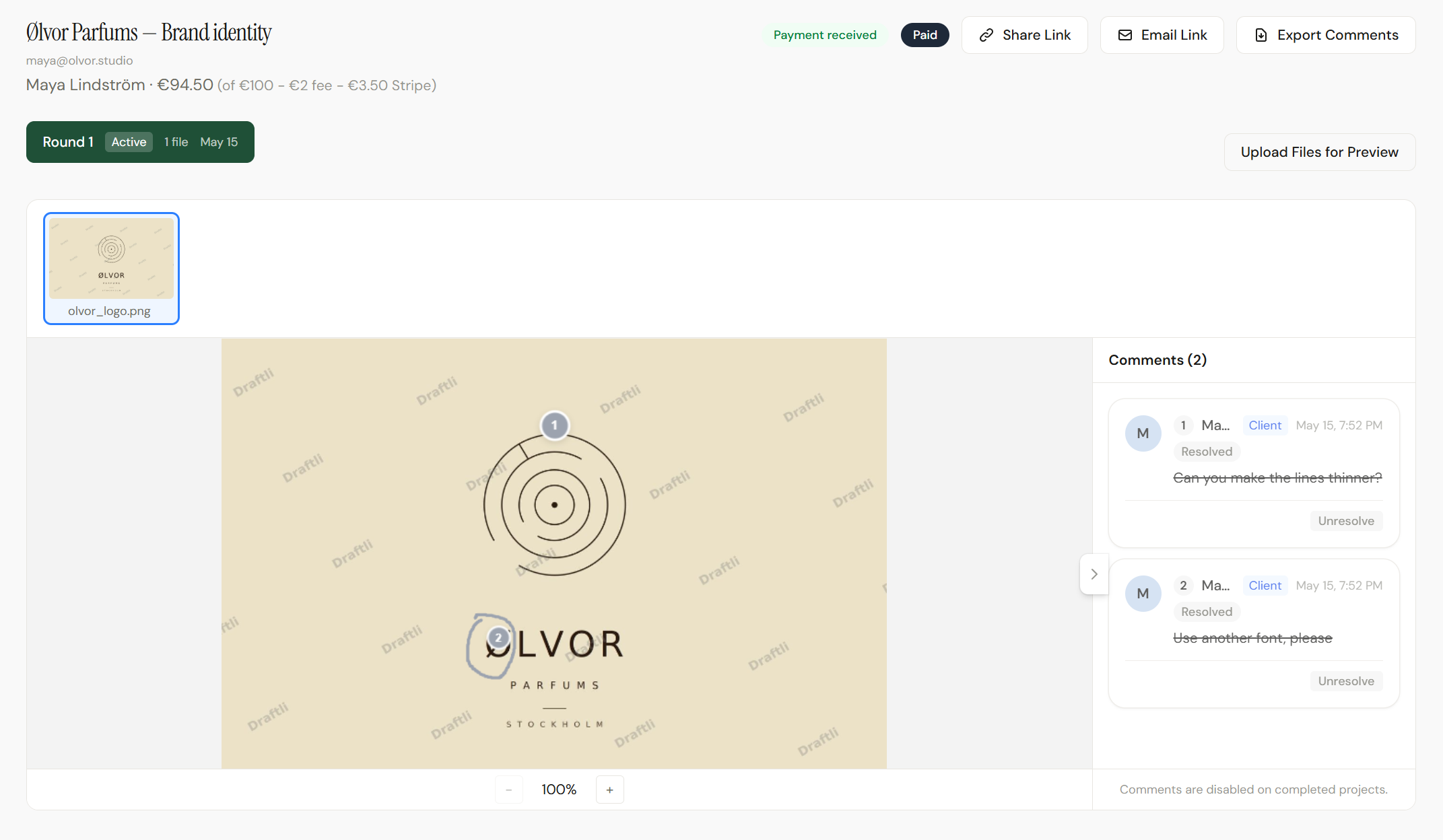 Draftli project page showing client review with annotations and comments
